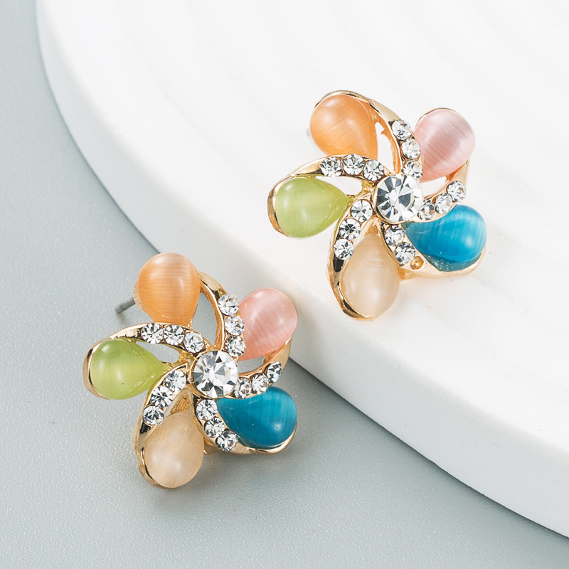 fashion trend alloy rhinestone flower earrings Korean simple opal earrings