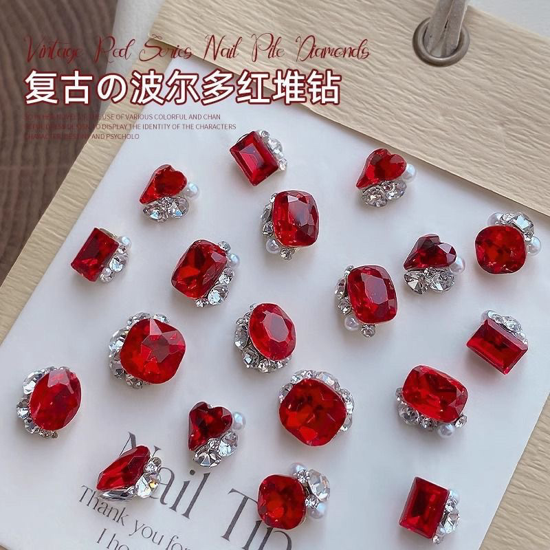 Ankora Red Stacked Diamond Heart-Shaped Rock Candy Snowflake New Year Red Alloy Diamond Finished Stacked Diamond Ball Nail Art Decorations