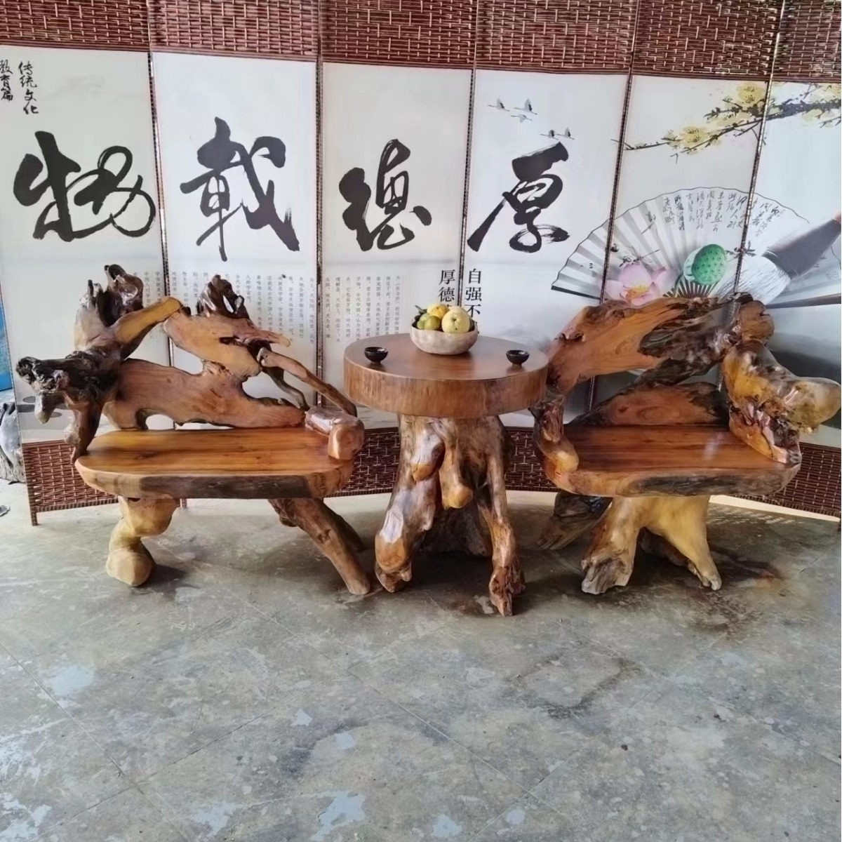 根雕三件套装阳台茶桌组合茶具一体功夫炮茶台家用客厅茶几太师椅
