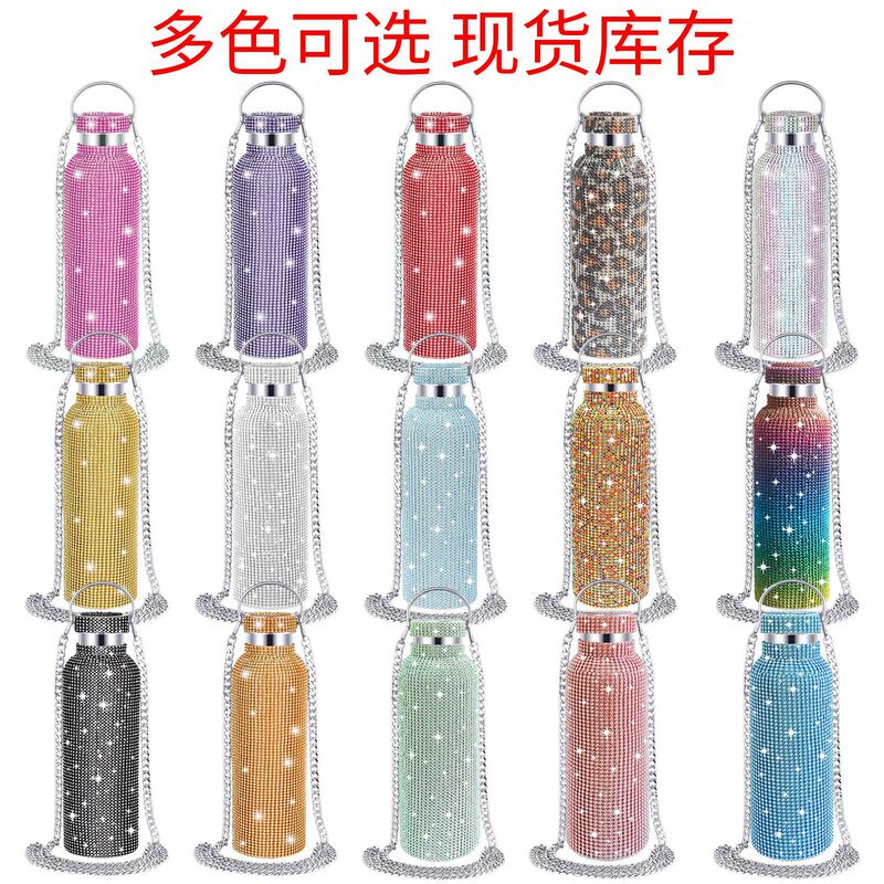 Amazon cross-border Diamond-embedded double-layer stainless steel thermos cup, Diamond water cup with chain, TikTok live gifts
