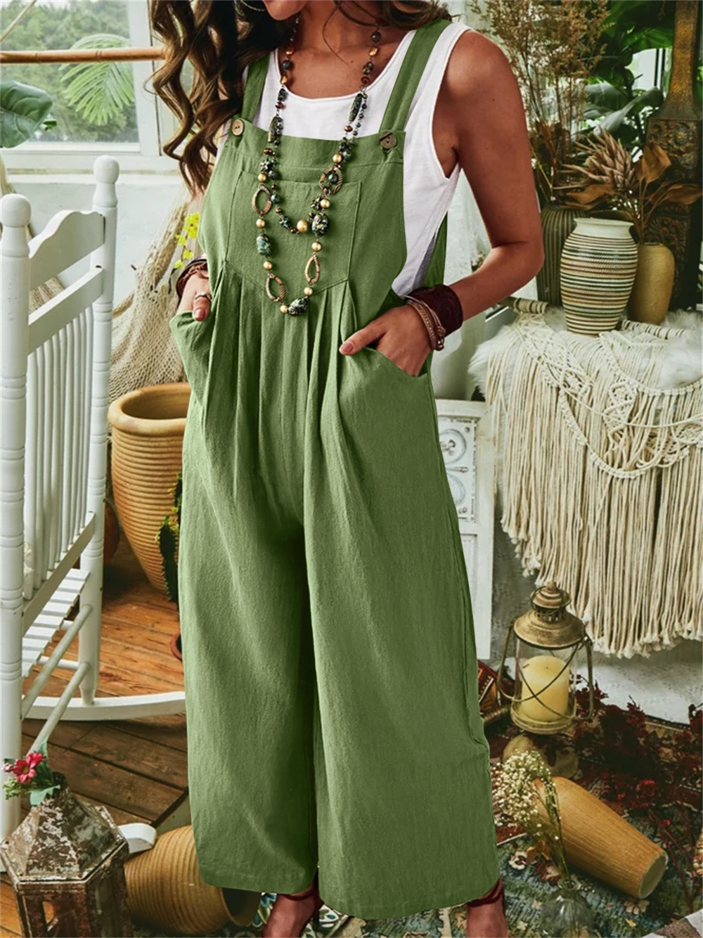 2024 deseo de las mujeres Amazon eBay engrosada algodón lino color sólido sin mangas bolsillo casual pierna ancha hebilla lateral mono