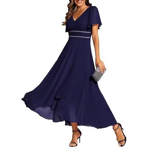 Women's Chiffon Formal Dress V-Neck High-Waisted Mother of the Bride Evening Gown Guest Ruffle Sleeve Pleated V-Neck Dress Women's Chiffon Formal Dress V-Neck High-Waisted Mother of the Bride Evening Gown Guest Ruffle Sleeve Pleated V-Neck Dress