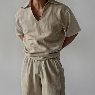 Shirt, men's summer T-shirt, beach trousers, set, cotton and linen, V-neckline