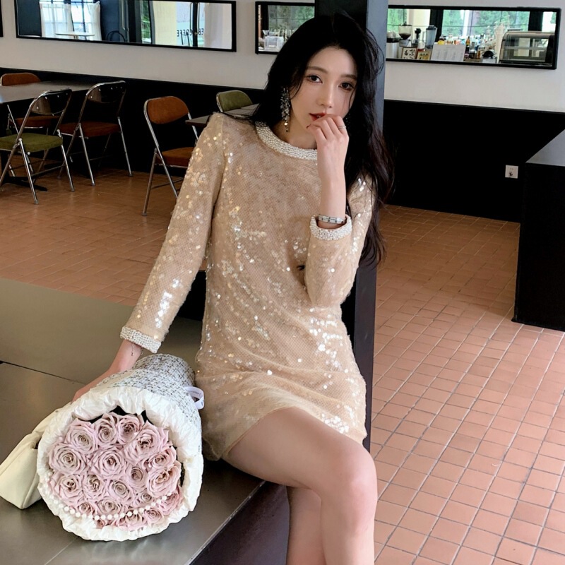 Autumn and winter women's new chaebol daughter gold champagne sequins embroidered handmade beaded short long sleeve dress dress