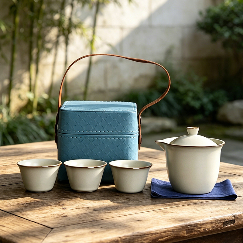 Ge Ware and Ru Ware Tea Sets for Home Use, Simple Kung Fu Tea Sets, Portable Tea Brewing Set for Outdoor Travel, Three-Cup Gift Set
