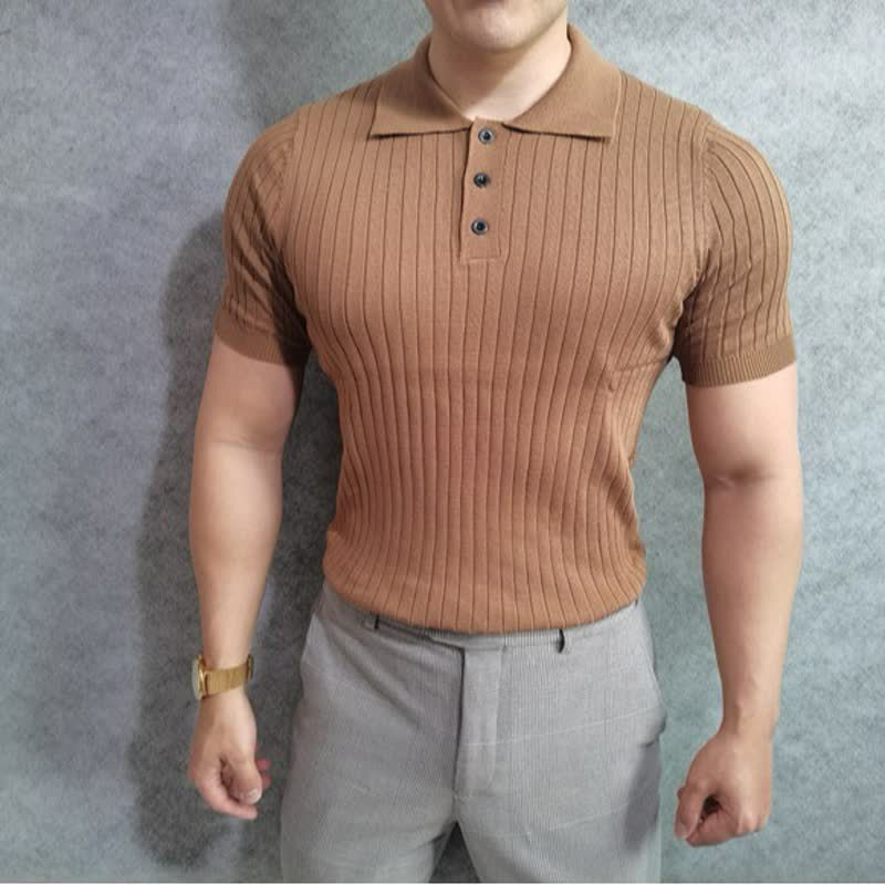 2026 Men's Knitted Polo Shirt, Slim Fit, Coach Style, Muscle-Enhancing, Stretchy, Fitness, Striped, Turn-Down Collar, Short Sleeve T-Shirt, Trendy 2026 Men's Knitted Polo Shirt, Slim Fit, Coach Style, Muscle-Enhancing, Stretchy, Fitness, Striped, Turn-Down Collar, Short Sleeve T-Shirt, Trendy