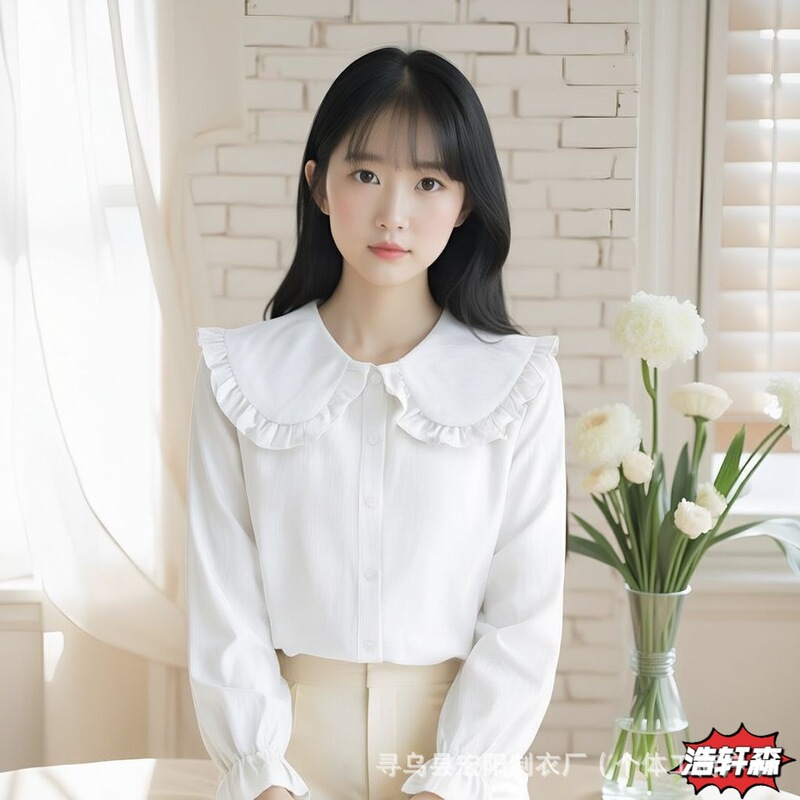 Doll Collar Shirt for Women, Loose Fit, Korean Style, Long Sleeve, Burgundy, Trendy, Fairy-Like, Cute, Sweet Spring Top, Stylish