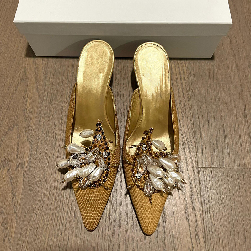 Gold Pointed-Toe Mules for Women, Suitable for Outdoor Wear in Summer, French Style, Versatile, Stiletto Heels (Tax Not Included)