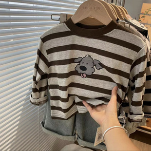 Autumn Kidsren's New Loose Cotton Stripesd Versatile T-Shirt for Boys and Girls Cartoon Dog Print Bottoming Shirt Top