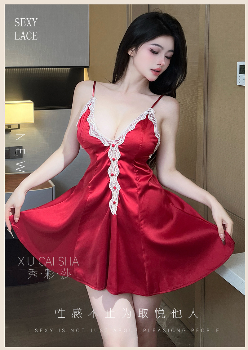 Lace Satin Babydoll Set with Suspender Skirt and Robe, Pink One Size — detail image 3