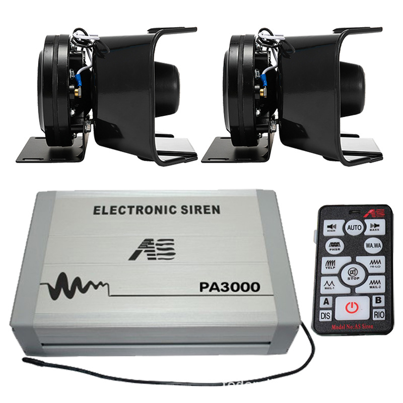 PA3000E Vehicle-mounted Electronic Siren and Loudspeaker, 12V/24V, Wireless Remote Control, High-Pitched Siren + Black Horn