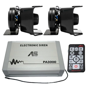 PA3000E Vehicle-mounted Electronic Siren and Loudspeaker, 12V/24V, Wireless Remote Control, High-Pitched Siren + Black Horn