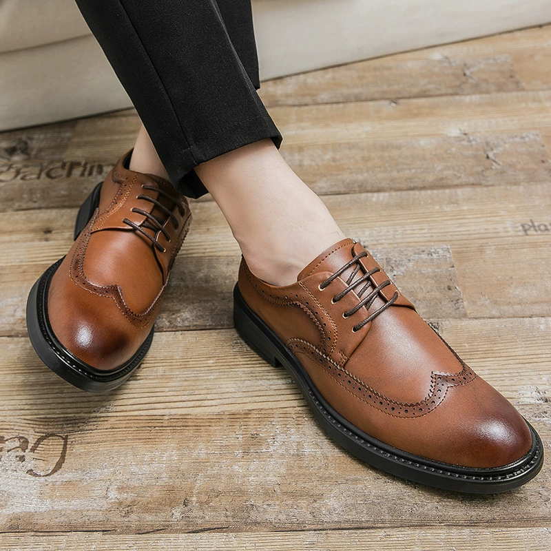 Осенние мужские кожаные туфли с увеличенной высотой до 5 см Британские деловые повседневные туфли из воловьей кожи, броги, кожаные туфли с острым носком, мужские свадебные туфли
