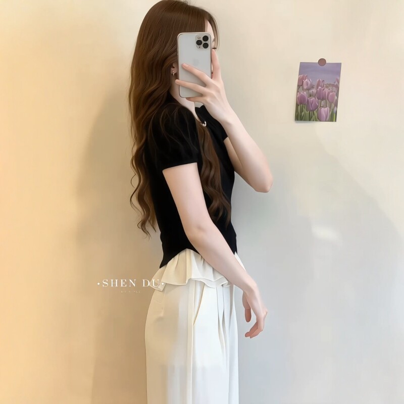 Áo sơ mi nữ cổ V tay ngắn phong cách Pháp, thiết kế che khuyết điểm tôn dáng — màu đen chi tiết 5