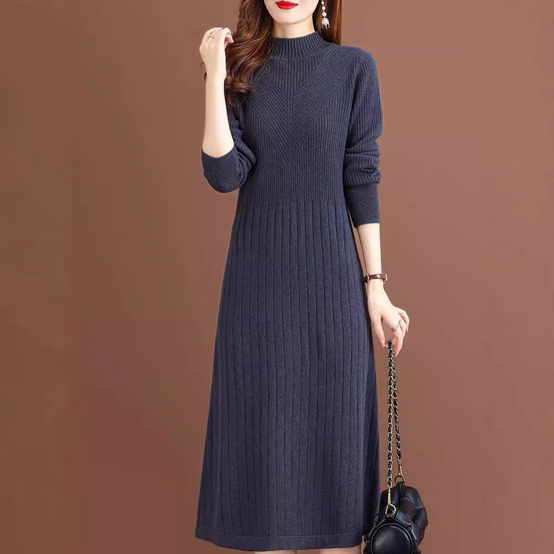 Brand Wool Retro Slim Dress for Women 2025 Autumn and Winter Half-High Collar Soft and Comfortable Slim A-Line Mid-Length Skirt