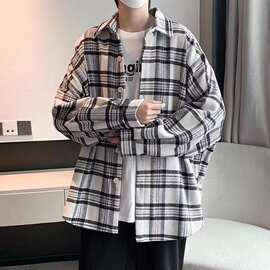 格子长袖衬衫男春秋季ins潮牌外套设计感小众衬衣港风日系上衣服