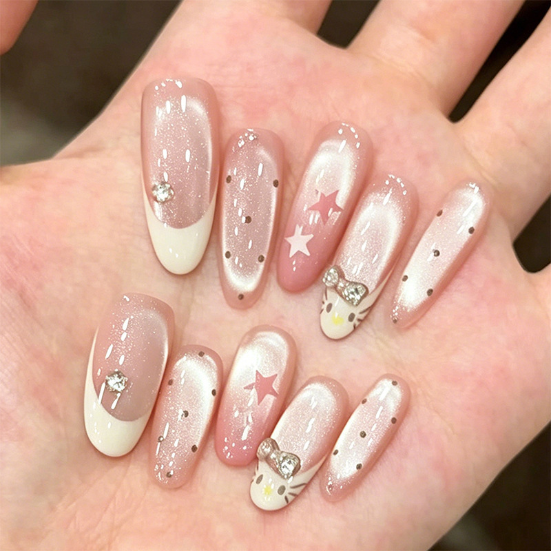 Handmade press-on nails, sweet girl KT style, cat-eye false nails that enhance skin tone, gentle manicure, press-on nails, nail art wholesale Handmade press-on nails, sweet girl KT style, cat-eye false nails that enhance skin tone, gentle manicure, press-on nails, nail art wholesale