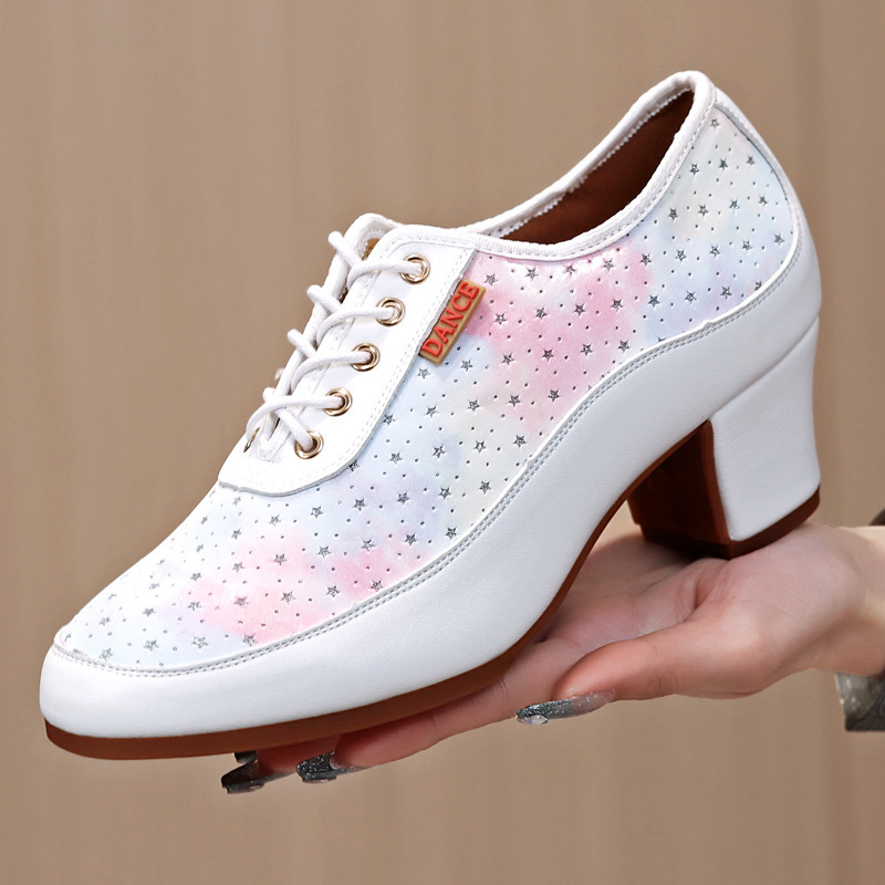 women female girls white leather latin jazz ballroom dance shoes, fashionable shoes dancing outdoor square dance woman sailor dance shoes