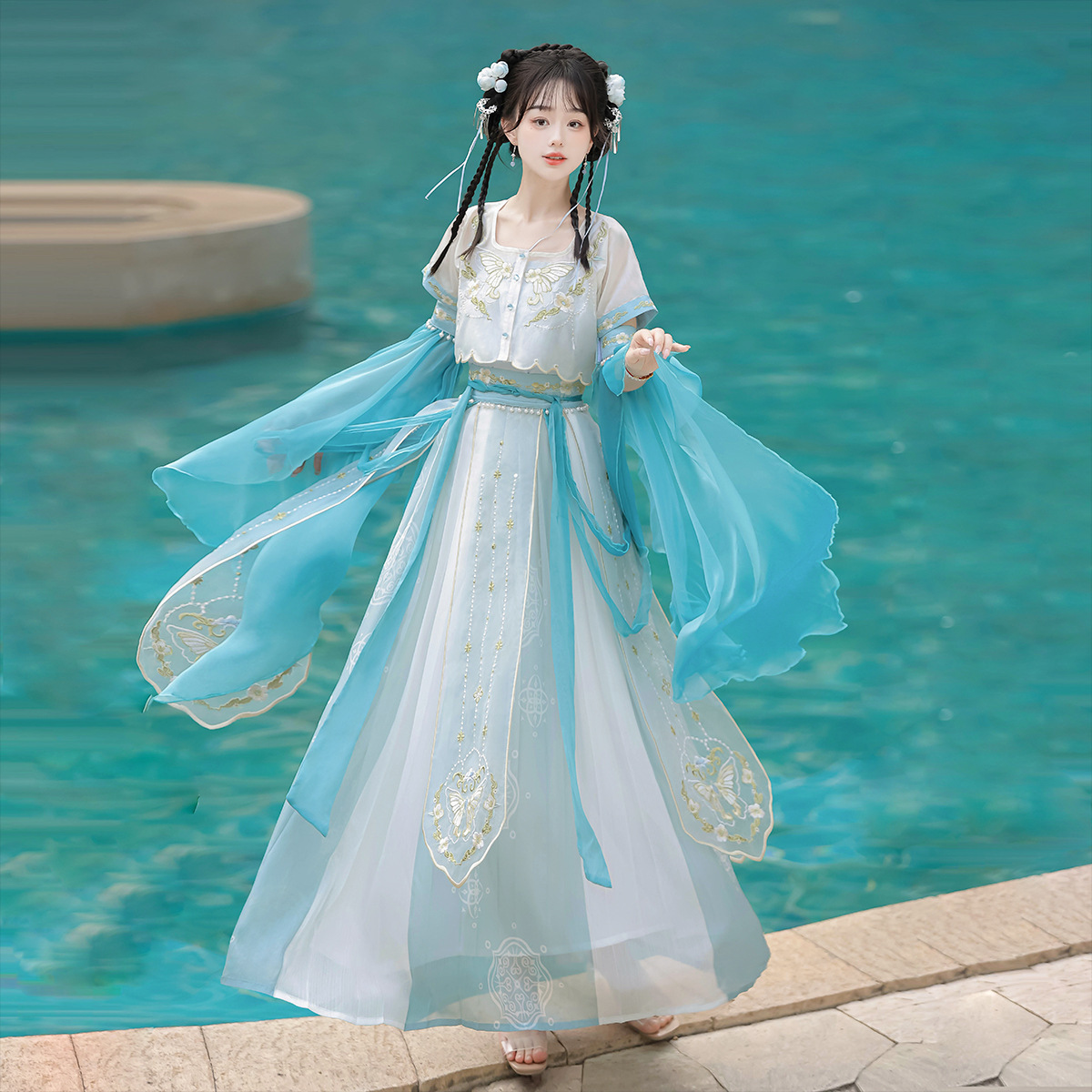 Diseño original Bishua Hanfu mujer Dunhuang West Wind Top sling manga media falda set 9061