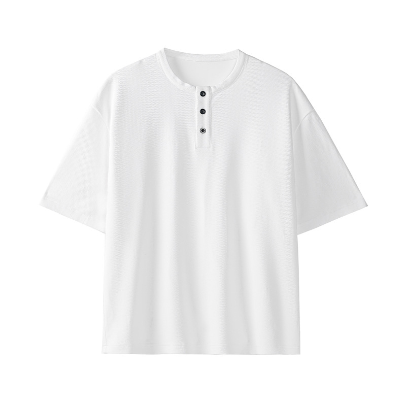 T-shirt da uomo a maniche corte con colletto Henry in maglia waffle, stile retrò americano, traspirante e fresca per l'estate, con spalle scese e vestibilità ampia._voghion.com
