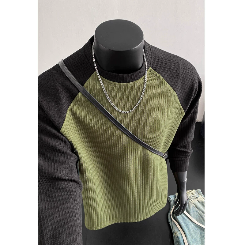 Трансграничный экспорт Американский стиль с контрастным цветом, круглым вырезом, длинными рукавами, текстурированными рукавами реглан, контрастным цветом, небольшим вырезом, футболка с длинными рукавами