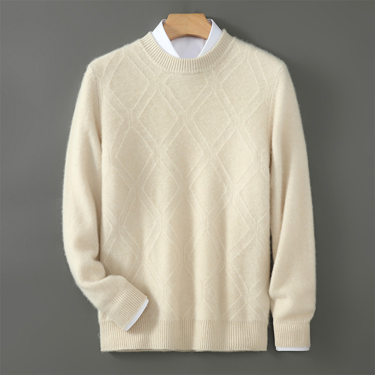 Men's Pure Wool Round Neck Knitwear 2025 New Thickeneded Pullover Diamond Plaid Jacquard Soft Waxy Woolen Knitwear Dropshipping