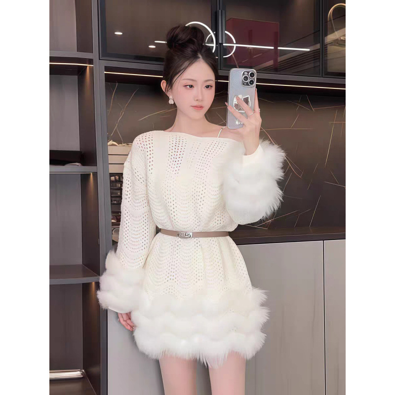 秋冬新款时尚韩系温柔风气质毛绒绒连衣裙女修身显瘦上衣潮+腰带|undefined