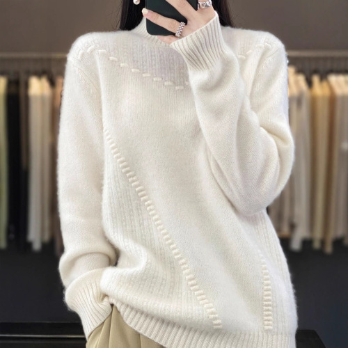 Women's Solid Color Thickened Bump Wave Knit Sweater Korean Style Hooded Semi-High Neck Top Layer Outerwear Fashion Base Shirt Women Trendy