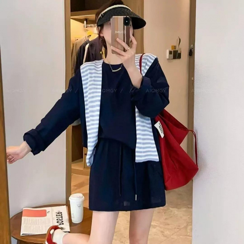 时尚套装女夏季2025新品百搭条纹披肩薄款防晒T恤短裙亚麻两件套|undefined