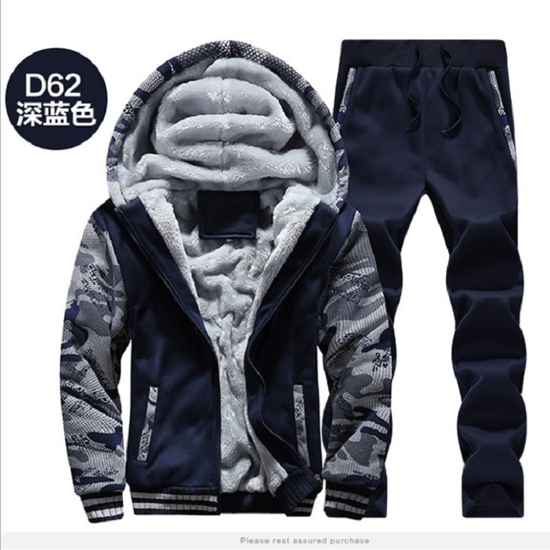 Cross border autumn and winter new plush sports camouflage suit men's pure fashion hooded thickened warm sweater two pieces