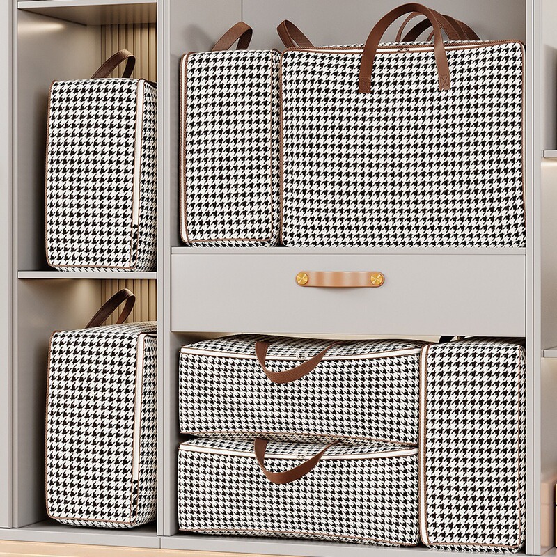 Portable Reinforced Houndstooth Pattern Storage Bag with Transparent Window, Student Dormitory Organizer Bag, Luggage Bag, Portable Design