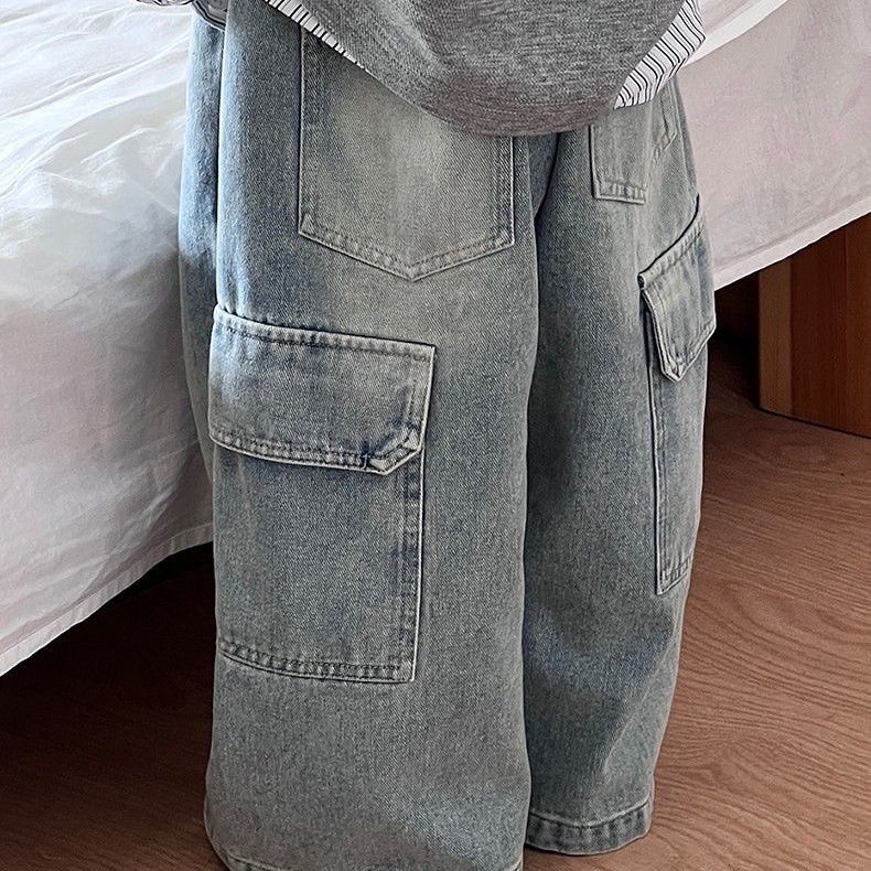 Pantalones vaqueros de nuevo estilo para niños, pantalones largos de primavera y otoño, pantalones de trabajo para niños, pantalones casuales modernos y geniales, pantalones largos rectos y holgados a la moda.