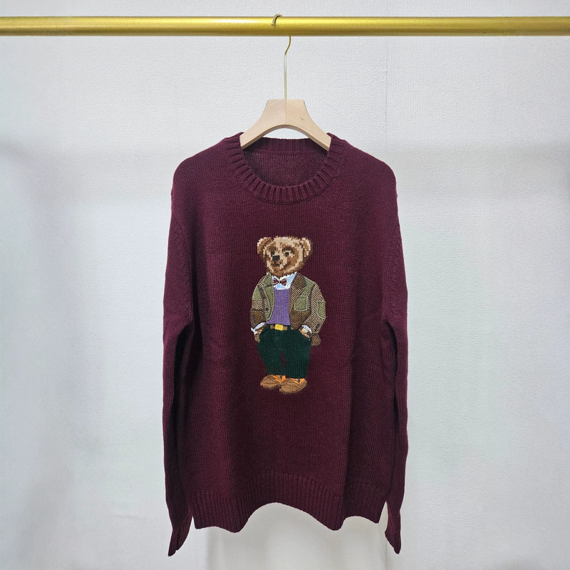 Cross-Border~Scan Code Available, Burgundy Heavy-Duty Wool Cartoon Bear, Round Neck, College Style, Age-Reducing, Unisex