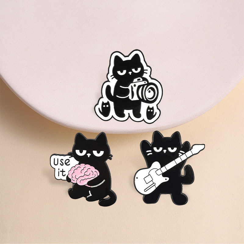Cool Black Cat Playing Guitar Cartoon Metal Pin Rock Backpack Decoration Badge Cross-Border Accessory Cool Black Cat Playing Guitar Cartoon Metal Pin Rock Backpack Decoration Badge Cross-Border Accessory