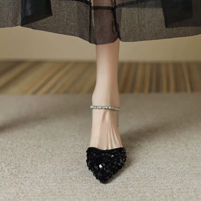 Черные банкетные модельные туфли с блестками, острый носок, ремешок со стразами, пустая одиночная обувь, сандалии на высоком каблуке, лето