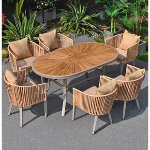 Outdoor Courtyard Tables and Chairs, Outdoor Leisure Plastic Wood Dining Table and Chair Combination, Open-Air Balcony, Yard Garden Rattan Chair Direct Sale