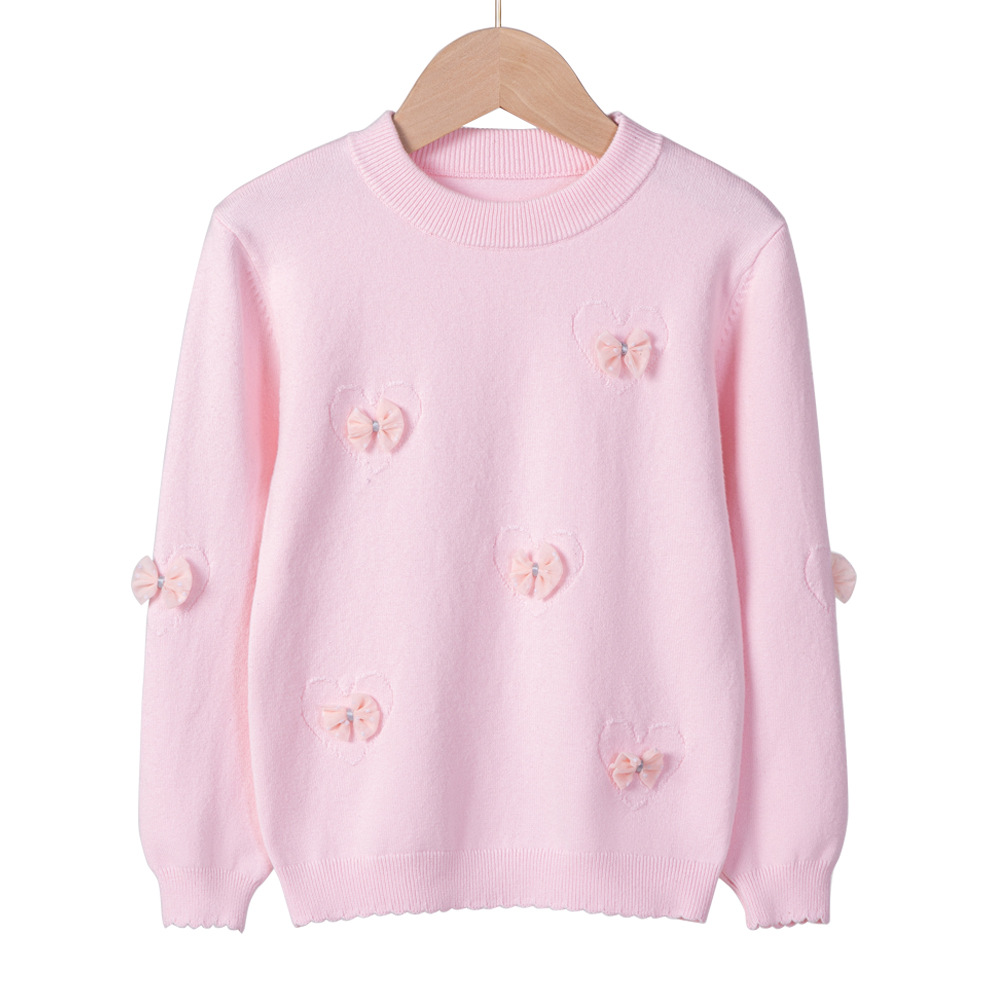 2024 nuevo estilo coreano de otoño y invierno cuello redondo amor arco niñas camisa de punto fondo suéter de niños pequeños al por mayor