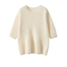 100纯山羊绒衫女式毛衣拉绒套头工艺五分袖短袖圆领软糯衫温柔风