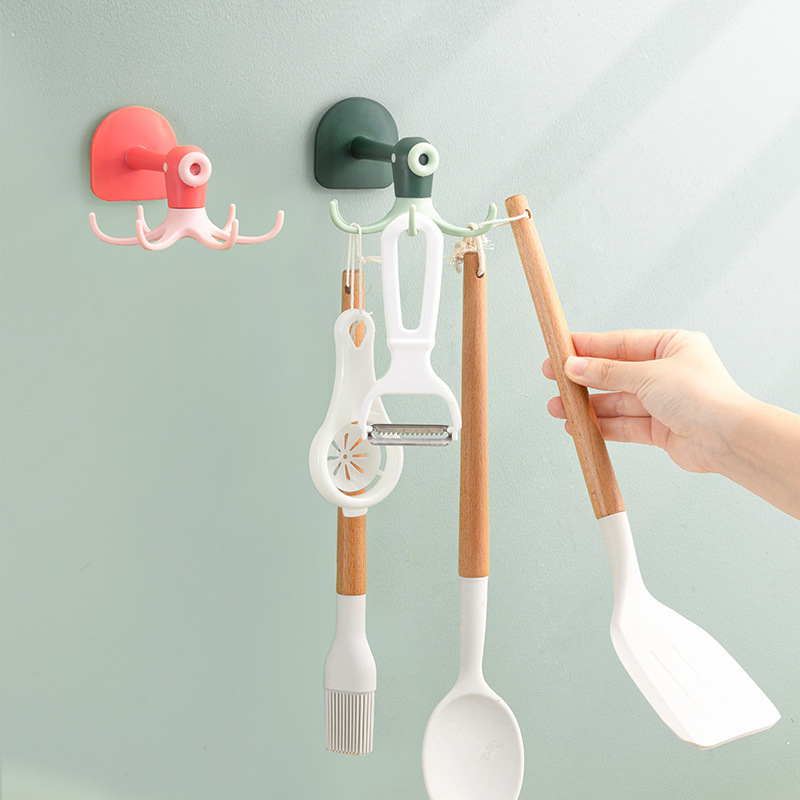 Rotatable octopus hook wall-mounted punch-free household kitchen spatula storage rack dormitory powerful storage rack