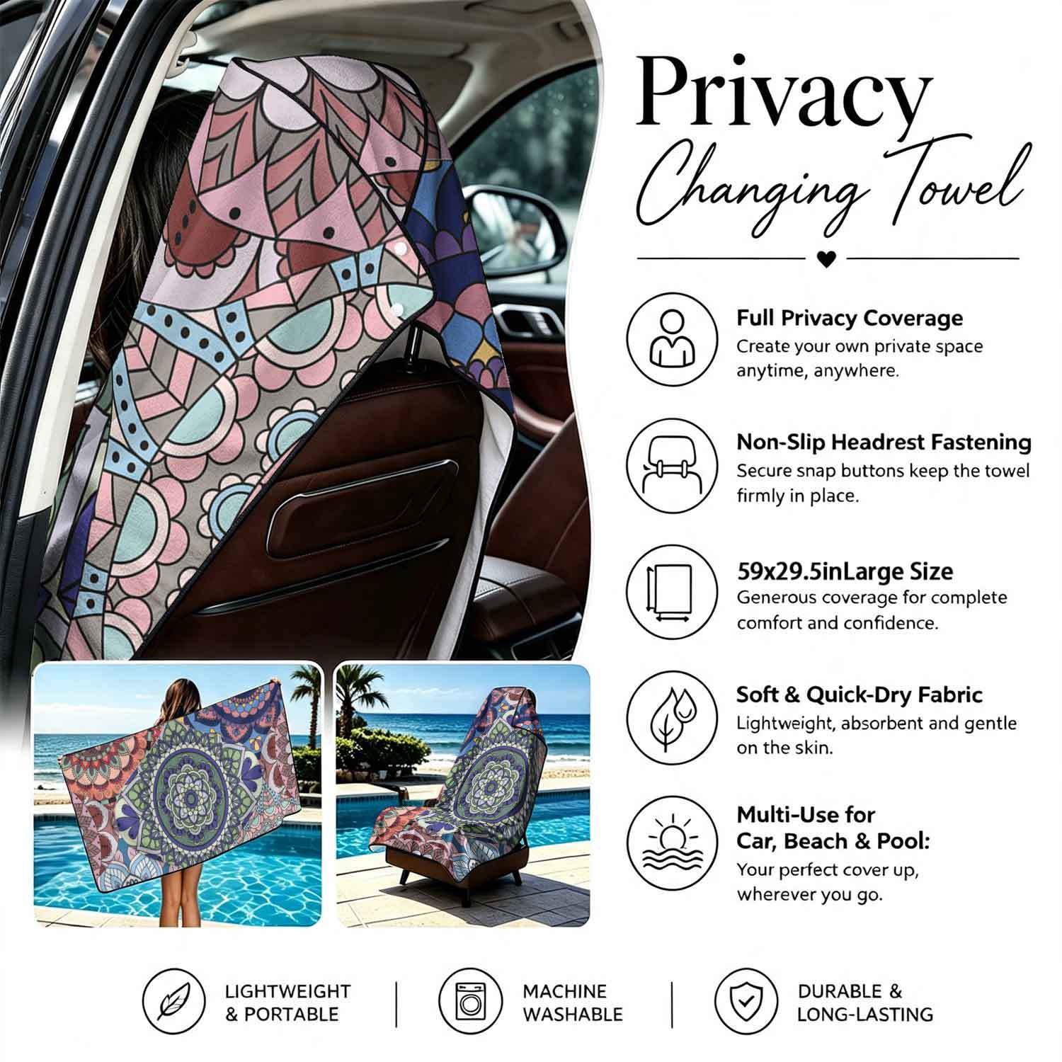 Printed bath towel and car seat cover 2-in-1, ultra-fine fiber outdoor beach and car dual-use universal seat cushion