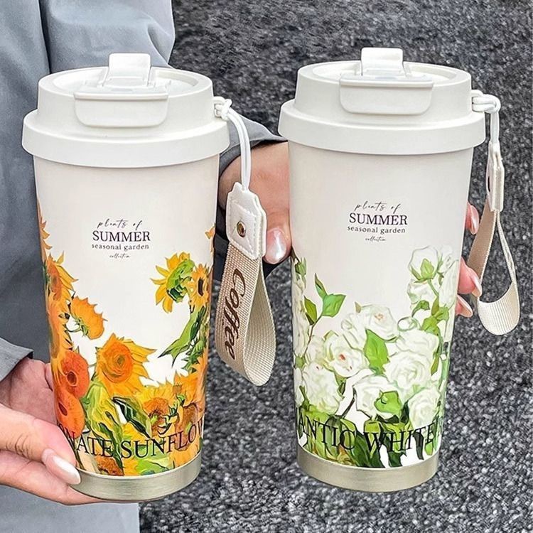 咖啡保温杯女生铃兰新款双饮水杯高级感带吸管学生大容量冰霸杯子