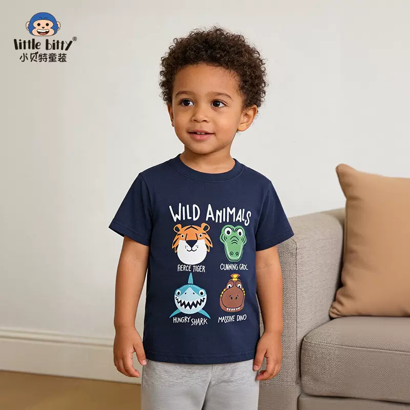 跨境童装26年春夏季儿童短袖T恤卡通动物圆领印花童上衣现货批发