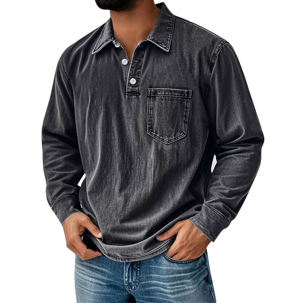 2025 Autumn European and American Cross-Border Men's Printed Youth Solid Color Henley Shirt 3-Button Lapel Men's Casual Long Sleeve