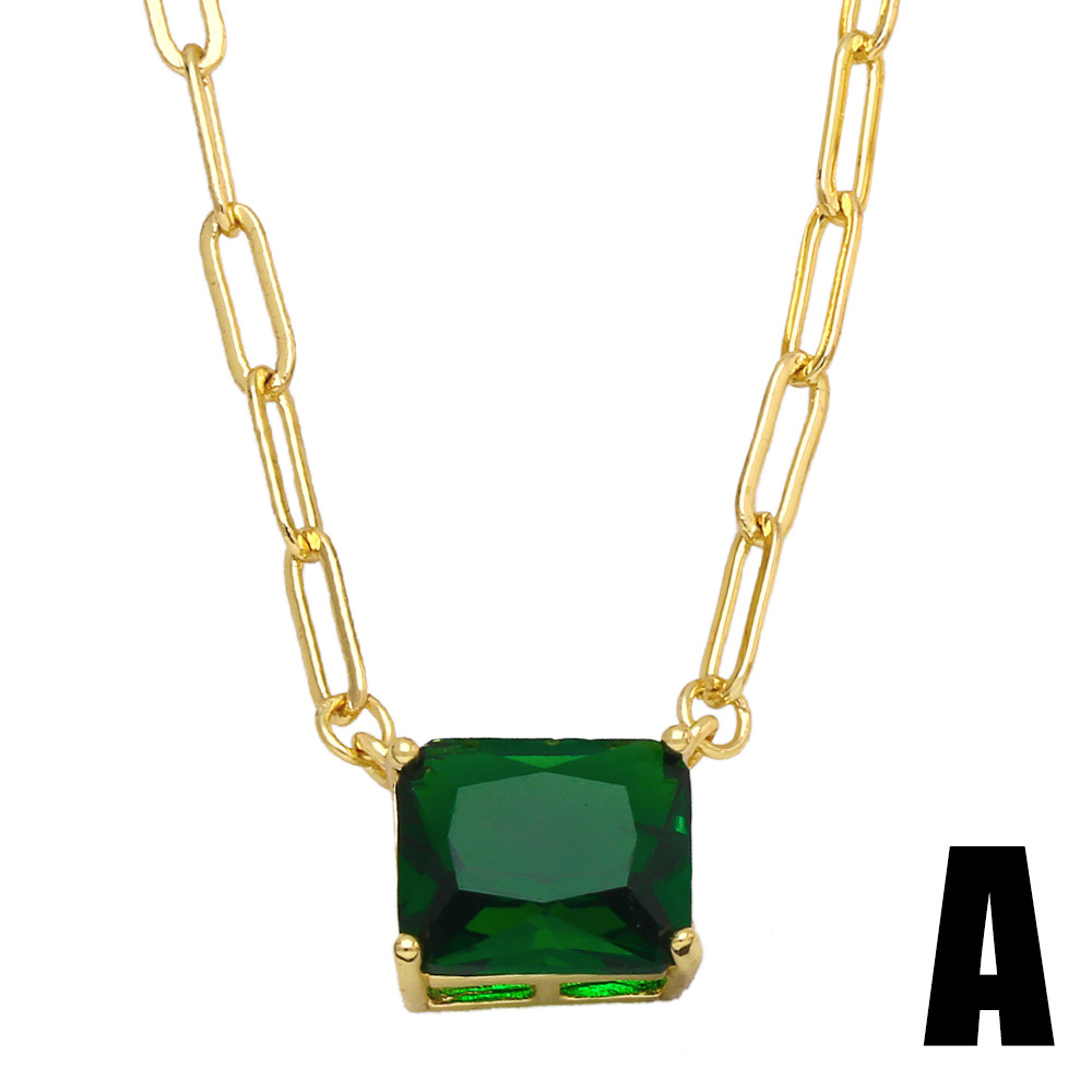 Fashion Elegant Emerald Square Zircon-Inlaid Pendant Short Necklace Wholesale