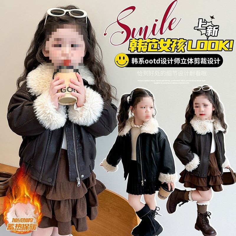 Girls' Leather Jacket Winter New Children's Rabbit Mink Fur Integrated Fleece Thick Trendy Cool Jacket Top Trendy