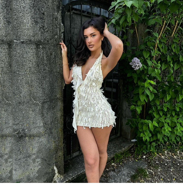 INS European American Women's Fashion Summer New Product: Sexy And Hot V-neck Halter Neck Backless Lace-up Patchwork_ecoleips.com