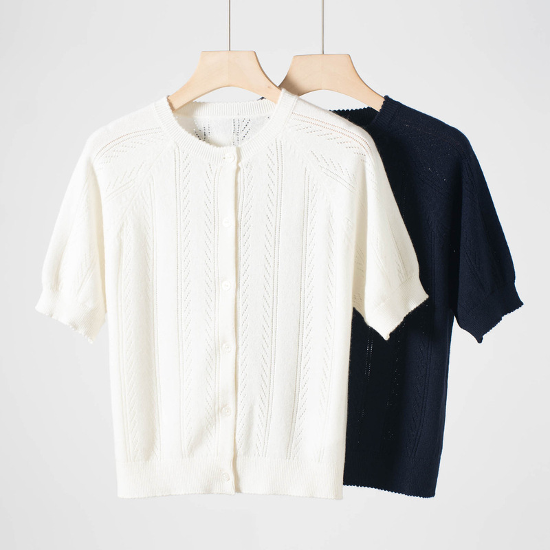 PRA26 New 2026 Knitted Short-Sleeve Round-Neck Button Cardigan Hollow Out Breathable Versatile Women's Top