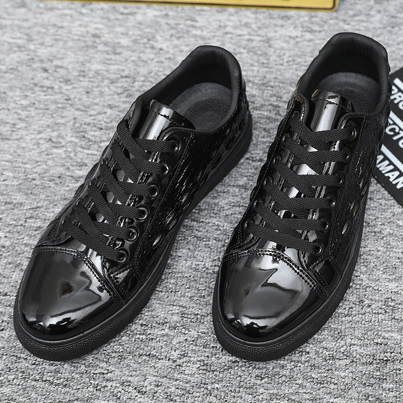 Men's Casual Shoes, Versatile Trendy Shoes, Men's Sports Shoes, Crocodile Pattern Leather Glossy Pure Black Work Sneakers for Men