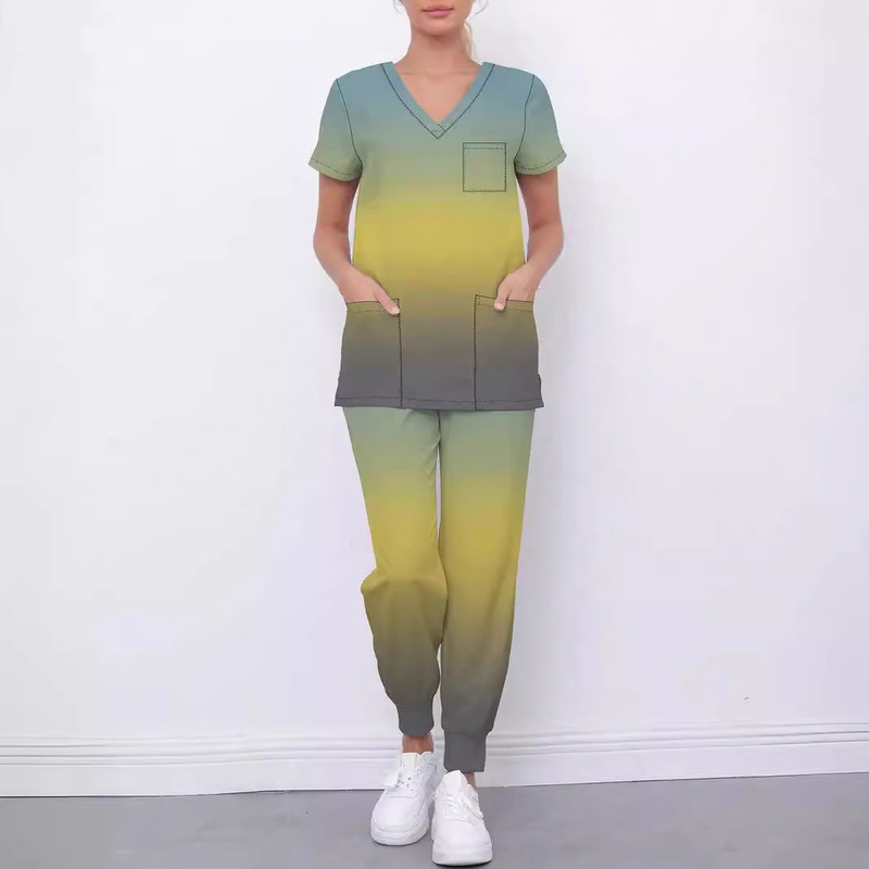 Split suit Nurses' Clothing Women's Summer Short-sleeved Colorful Printed V-neck Top suit Pants WB9 ML1