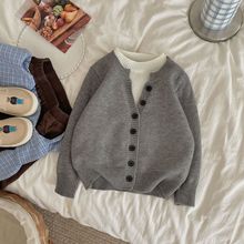 2025秋季韩版童装儿童假两件拼接设计针织开衫新款秋冬装毛衣外套